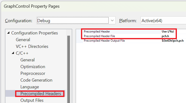 Captura de tela da caixa de diálogo de propriedades do projeto com as configurações de Cabeçalhos Pré-compilados abertas.