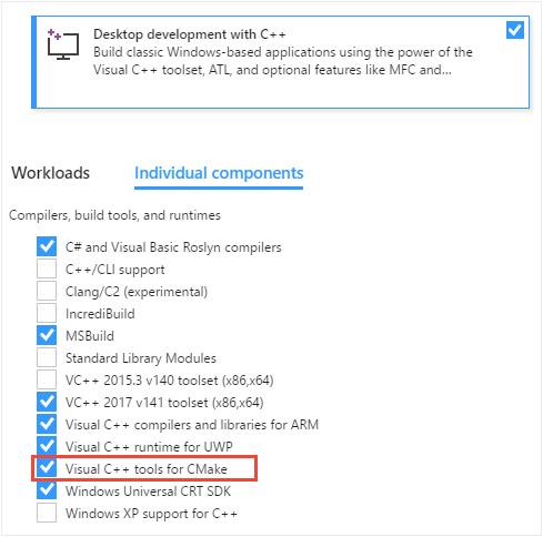 Captura de tela do Instalador do Visual Studio. A guia Componentes individuais é selecionada na qual a opção Ferramentas do Visual C++ para CMake está selecionada.