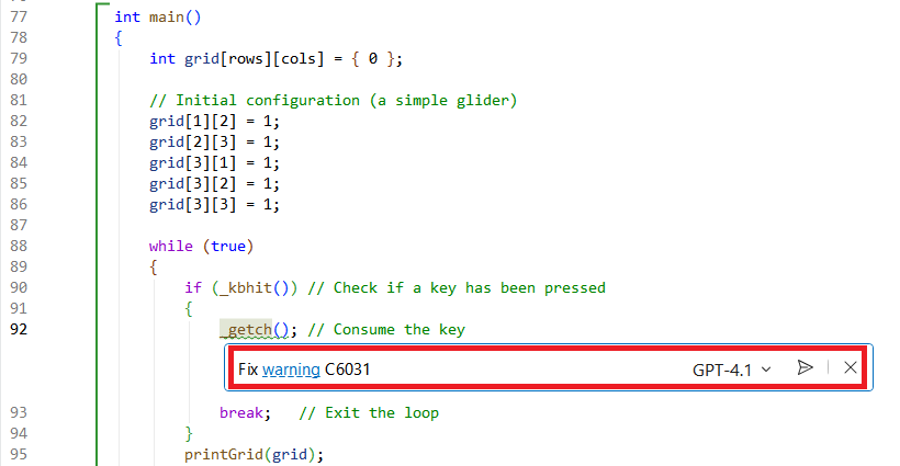 Captura de tela da janela de chat do Copilot. O texto: Correção do aviso C6031 está na janela de chat.