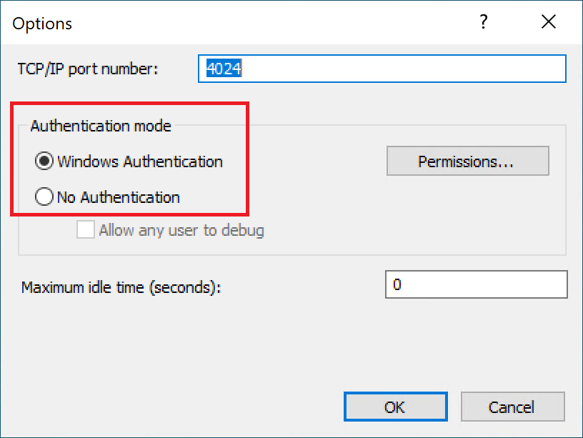Remote debugger authentication options.