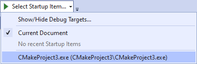 Example startup item dropdown with CMakeProject3.exe selected.