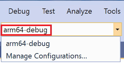 Ensure that arm64-debug is selected in the Visual Studio configurations drop-down.