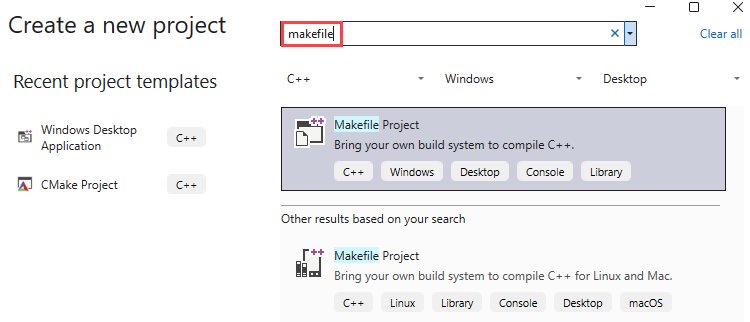 Captura de tela da caixa de diálogo Criar um novo projeto. A caixa de texto Criar um novo campo de texto do projeto contém o texto: makefile.
