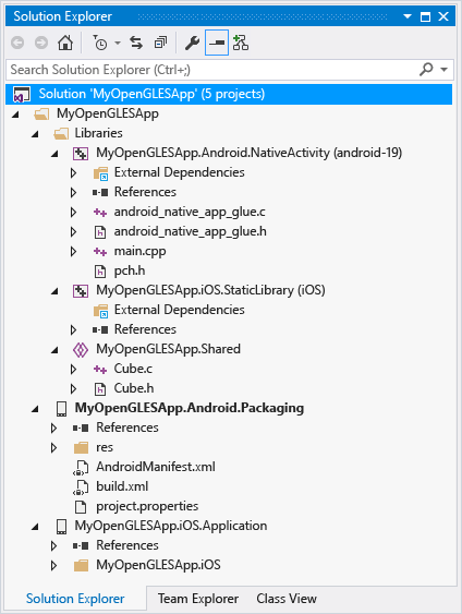 MyOpenGLESApp no Gerenciador de Soluções Captura de tela do MyOpenGLESApp no Gerenciador de Soluções.