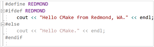 Código C++ inativo Captura de tela mostrando o código inativo no editor, que aparece desbotado em comparação com o código ativo.