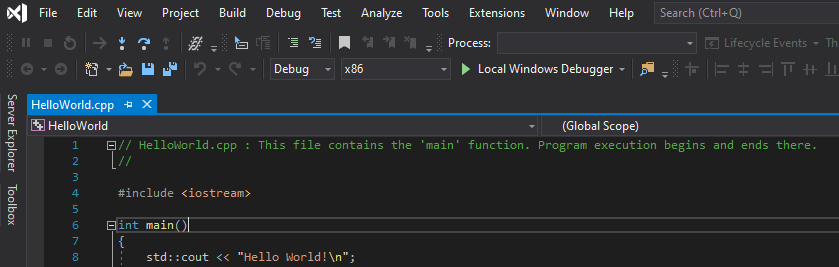 Captura de tela do Visual Studio com o tema de cor escura.