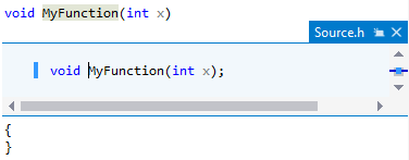 Captura de tela mostrando uma janela pop-up que contém o arquivo de cabeçalho Source.h com a declaração criada: void MyFunction(int x);.