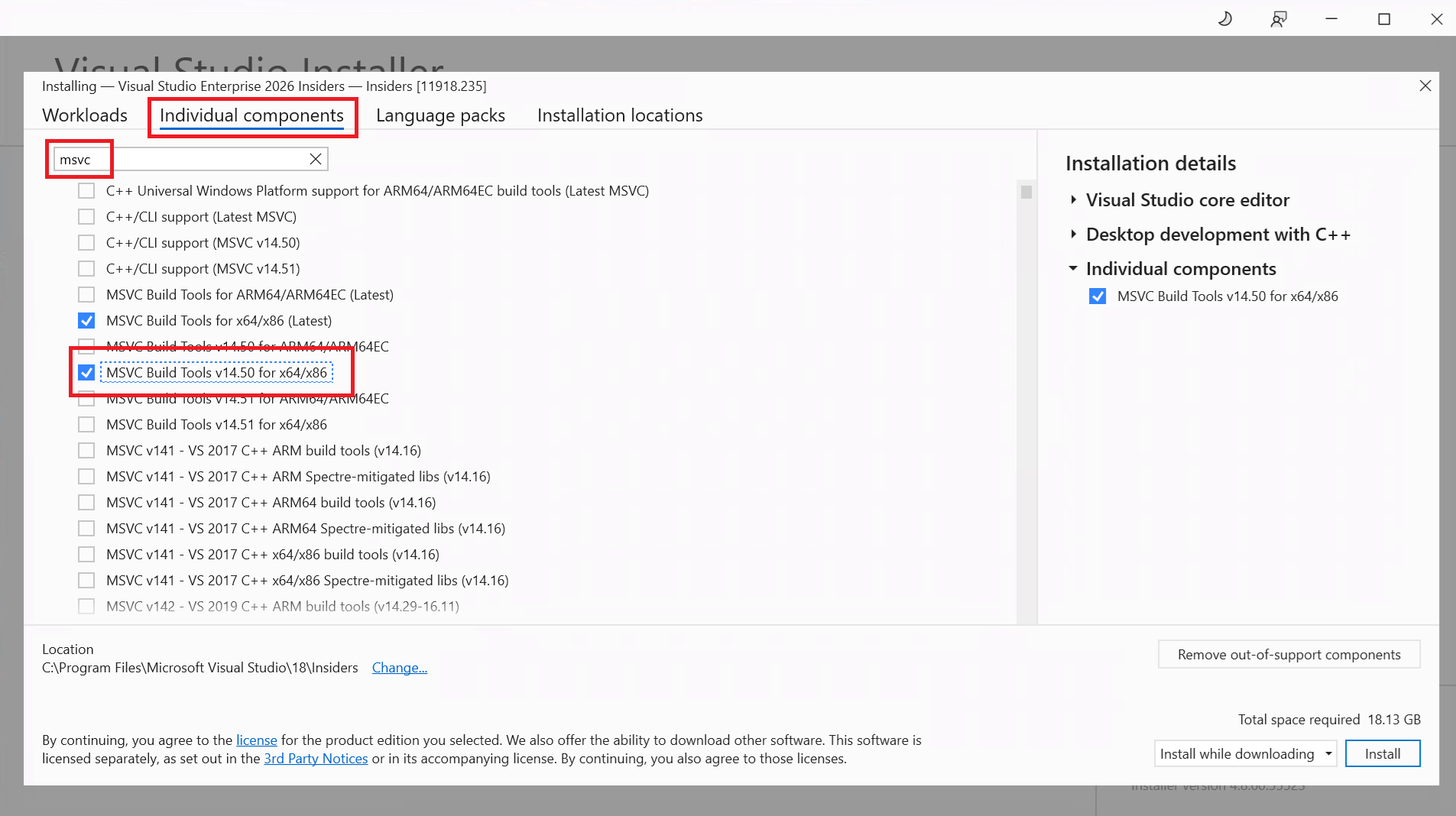 Captura de tela da guia Componentes individuais no Visual Studio Installer filtrada por msvc, com as Ferramentas de Compilação do MSVC v14.50 para x64/x86 selecionadas.