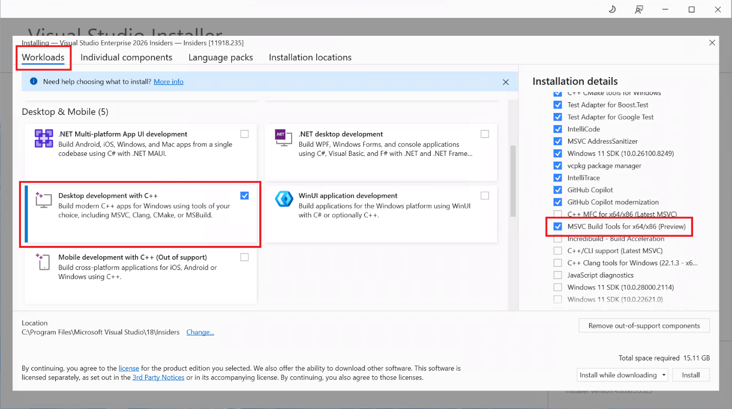Captura de tela do Instalador do Visual Studio com a carga de trabalho Desenvolvimento para desktop com C++ e o componente MSVC Build Tools para x64/x86 (Versão Prévia) selecionados.