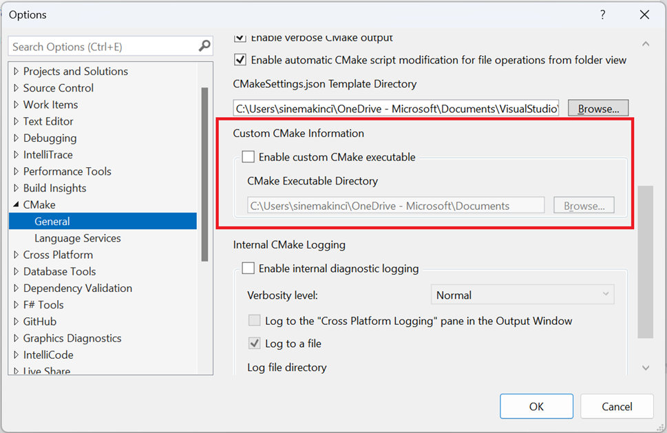 Screenshot of the CMake options dialog