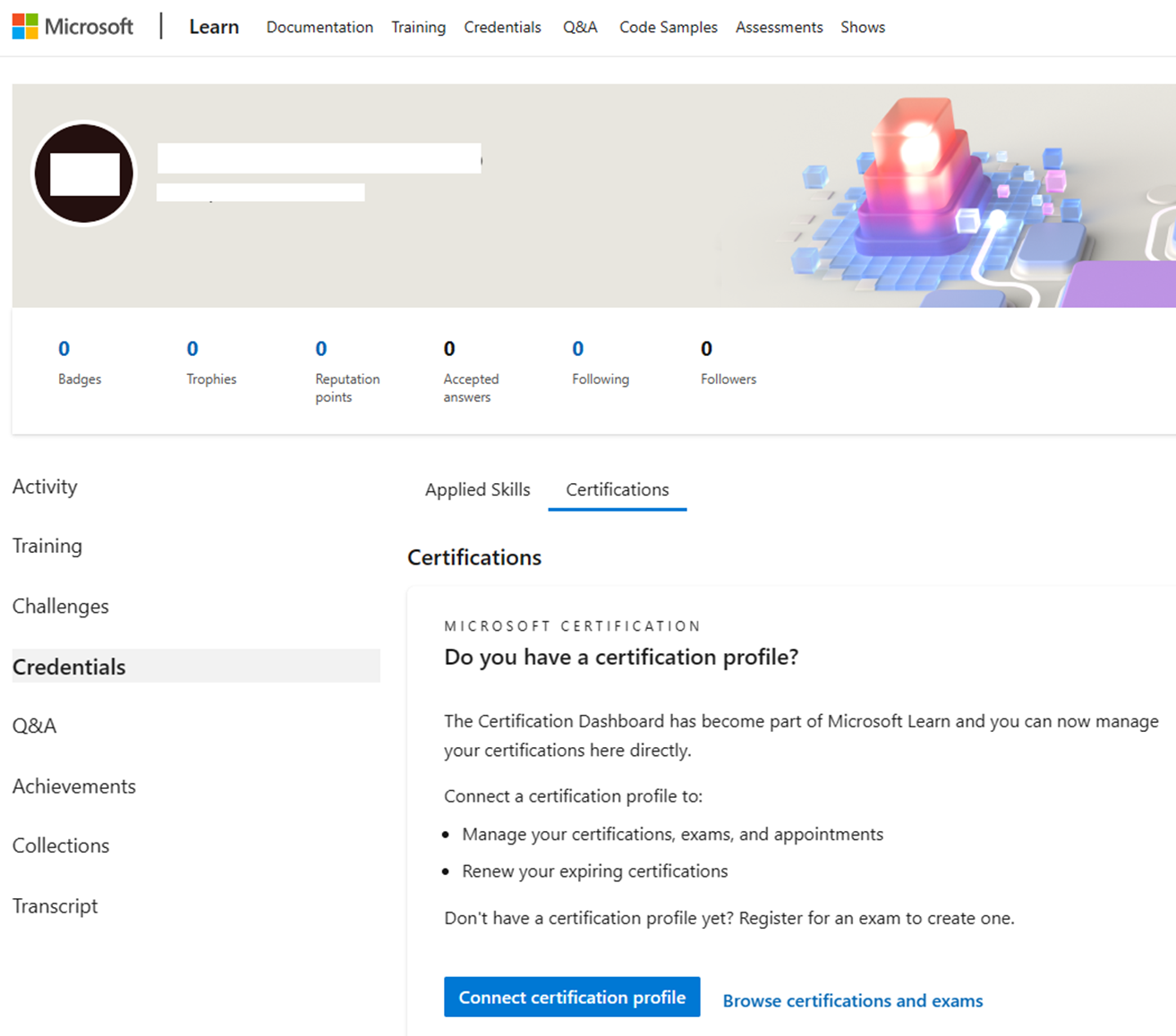 Microsoft Learn profile with the Certifications tab selected. The Connect certification profile button is highlighted.