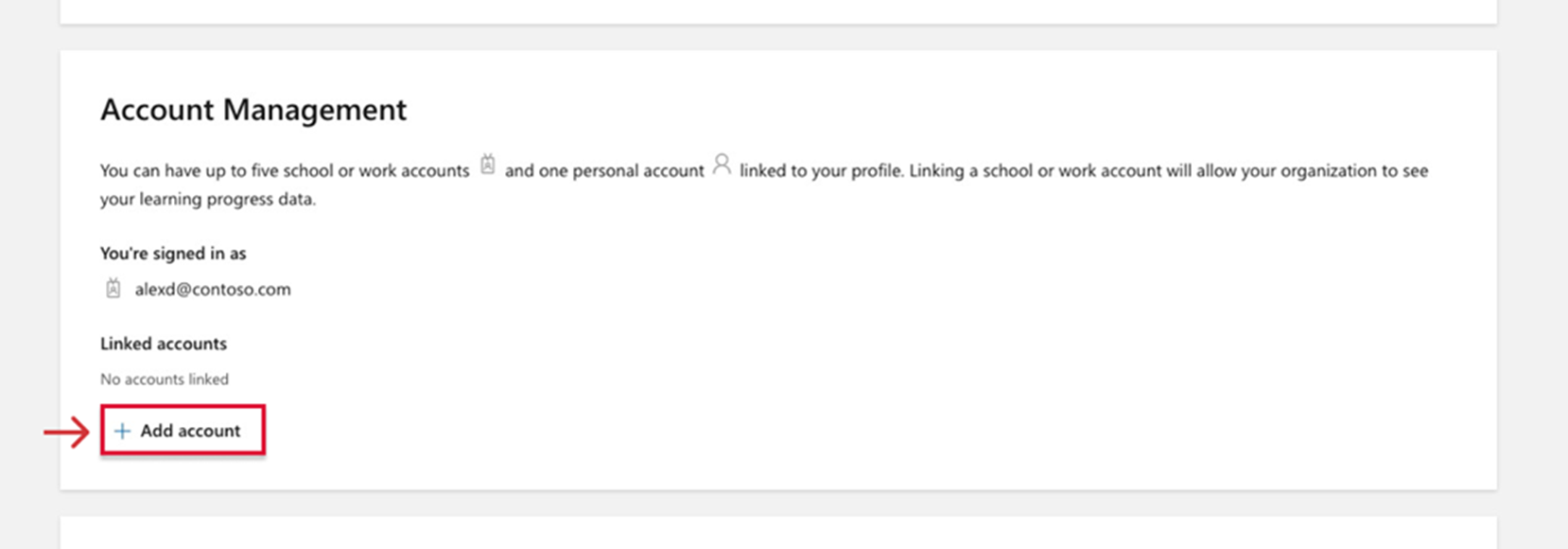 Account Management section in Learn profile settings. Add account option is highlighted.