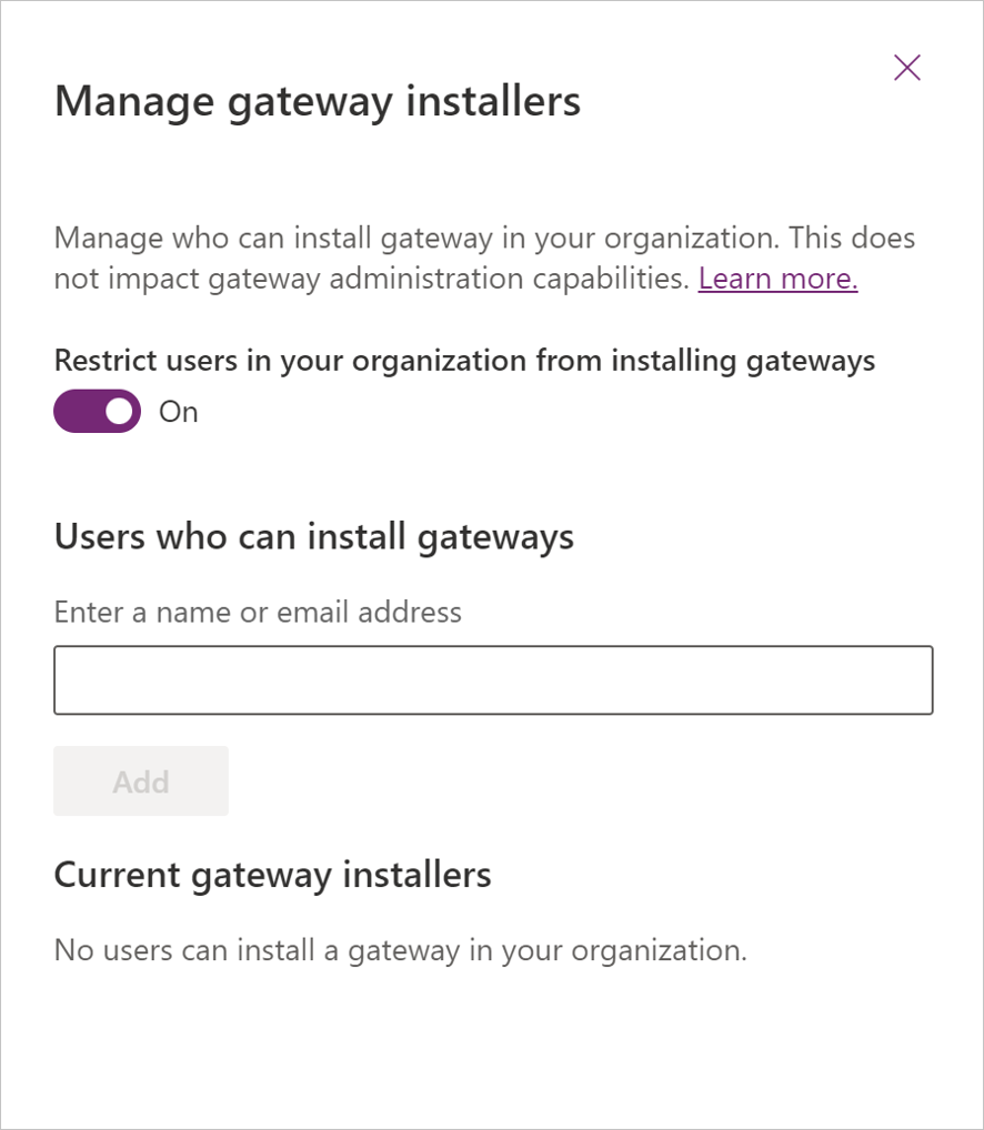 Captura de tela da página Gerenciar instaladores de gateway com a chave Restringir usuários em sua organização de instalar gateways ativada.](media/manage-security-roles/restrict-users.png)