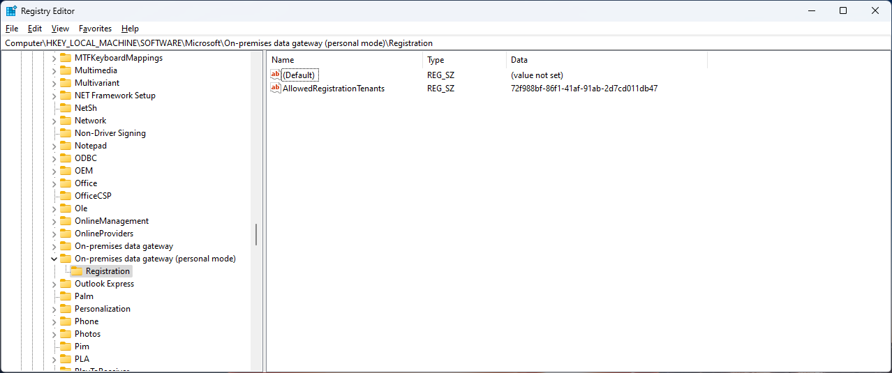 Screenshot of the registry editor with required keys added for the personal gateway.