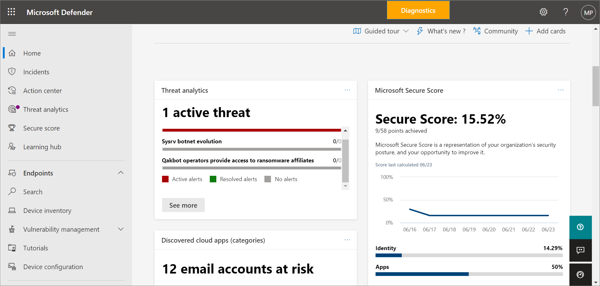 Captura de ecrã do portal Microsoft Defender.