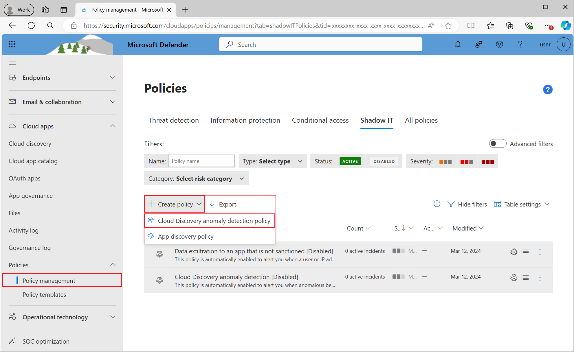Captura de tela mostrando como selecionar a opção para criar uma política de detecção de anomalias do Cloud Discovery.