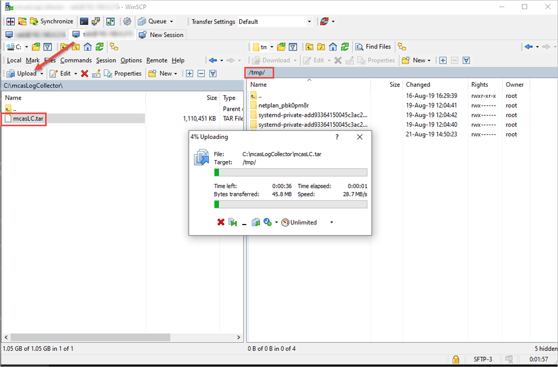 Captura de tela do upload do coletor de log para o host de destino.