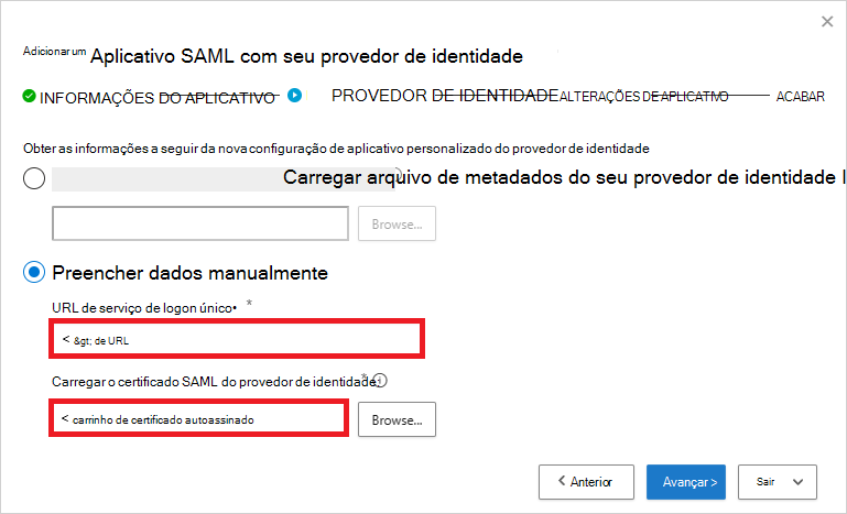 Captura de tela das configurações do provedor de identidade no Defender para Aplicativos de Nuvem, mostrando os campos de URL do serviço SSO e de upload do certificado SAML.