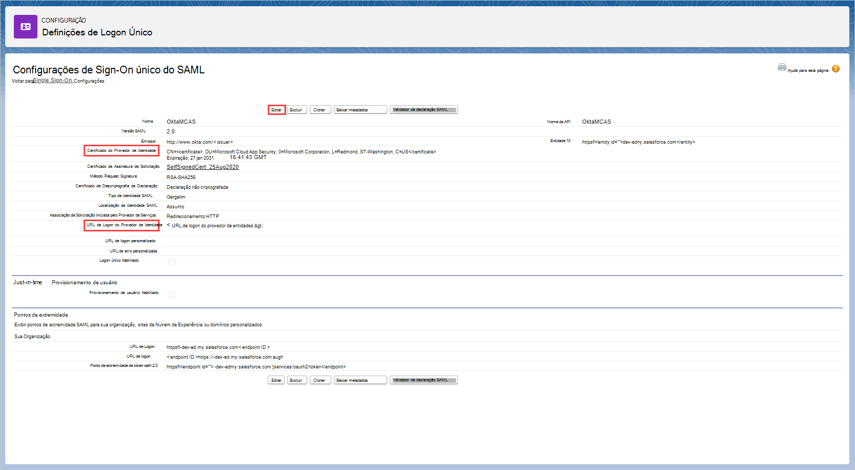 Captura de tela da página de Configurações de Logon Único do Salesforce, mostrando os campos de configuração de SSO atualizados.