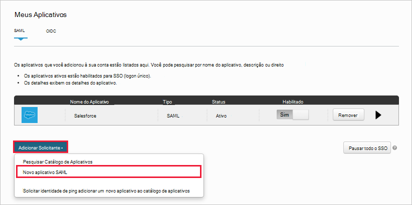 No PingOne, crie uma nova aplicação personalizada do Salesforce.