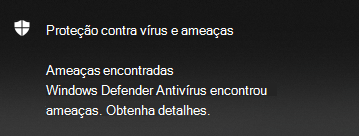 Microsoft Defender Notificação encontrada contra ameaças antivírus fornece opções para obter detalhes