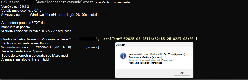 Captura de ecrã a ilustrar a execução da ferramenta de implementação do Defender no modo de linha de comandos.
