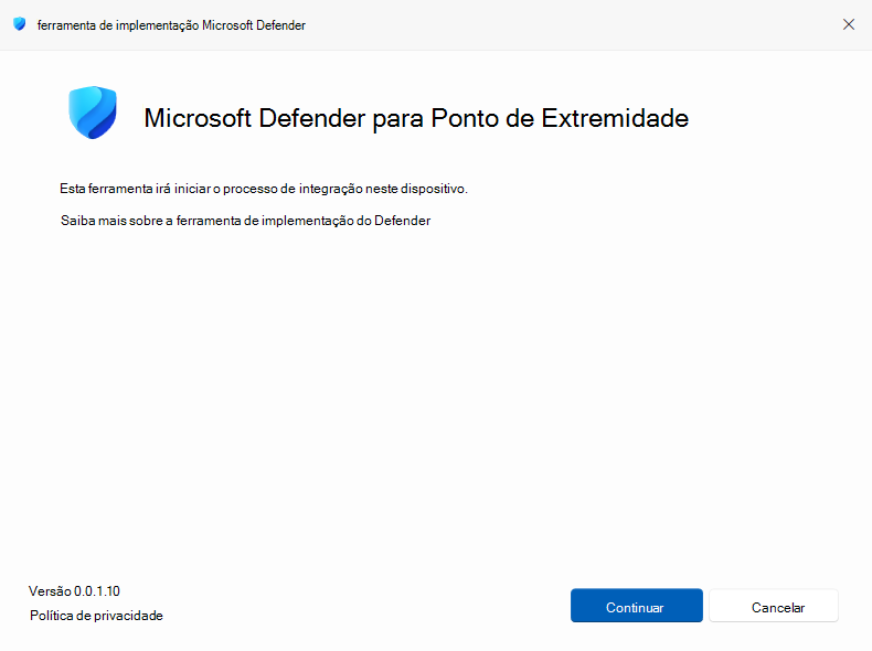 Captura de ecrã a ilustrar a execução da ferramenta de implementação do Defender no modo interativo.
