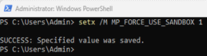 Captura de ecrã a mostrar Windows PowerShell ferramenta para administradores com detalhes de cmdlets para ativar o sandbox.