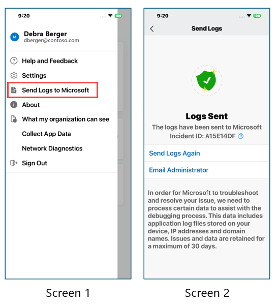 Capturas de ecrã a mostrar como enviar registos diretamente para a Microsoft a partir do menu de opções da aplicação móvel Microsoft Defender.
