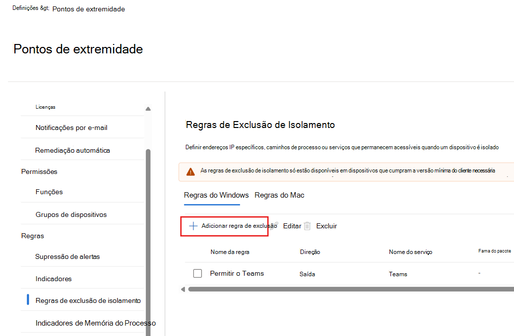Captura de ecrã a mostrar como adicionar uma nova regra de exclusão de isolamento.