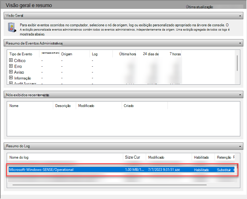 Captura de tela do Visualizador de Eventos com a seção resumo do log