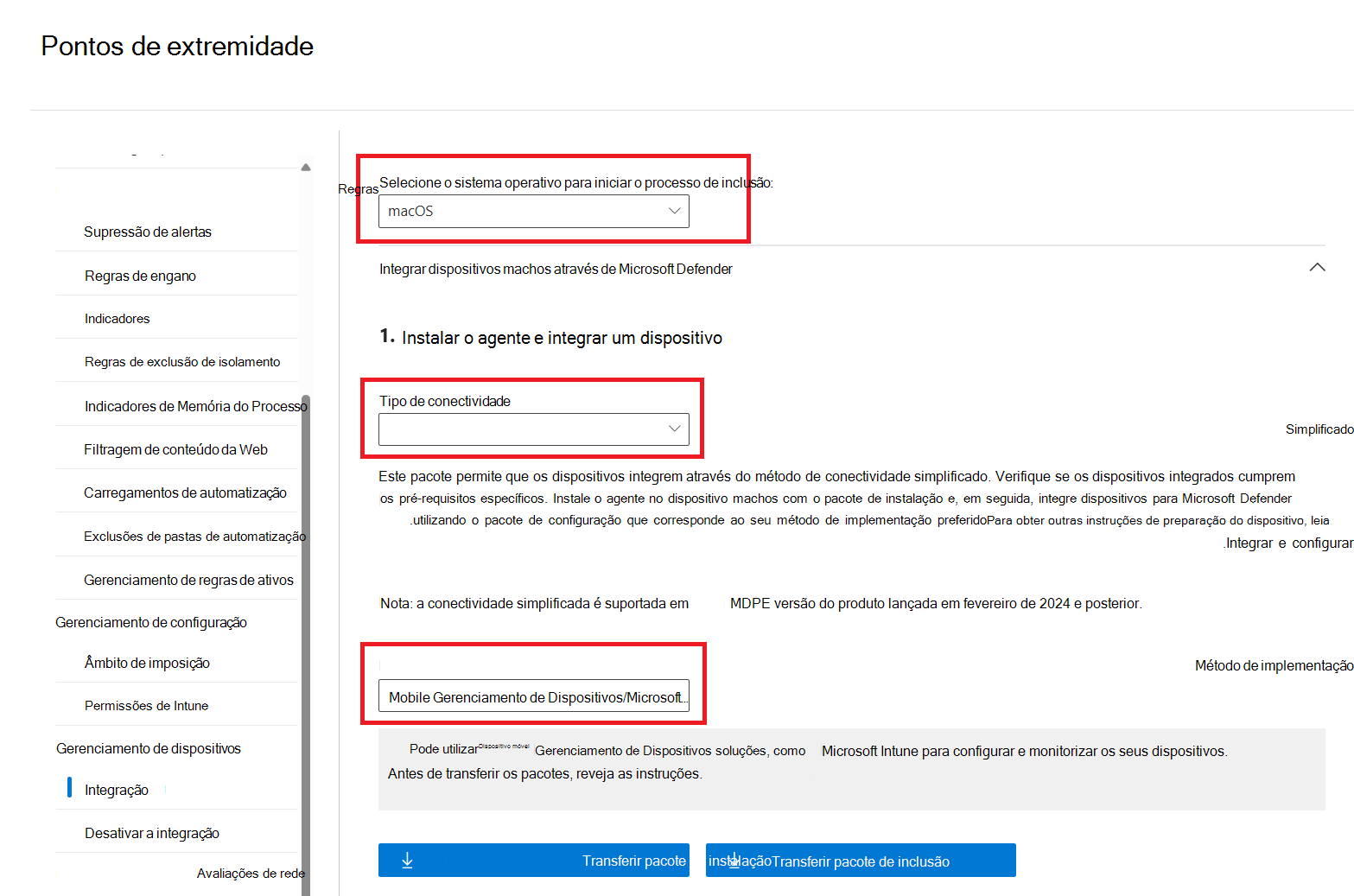 Captura de ecrã da página Inclusão com o Método de implementação mobile Gerenciamento de Dispositivos/Microsoft Intune realçado.