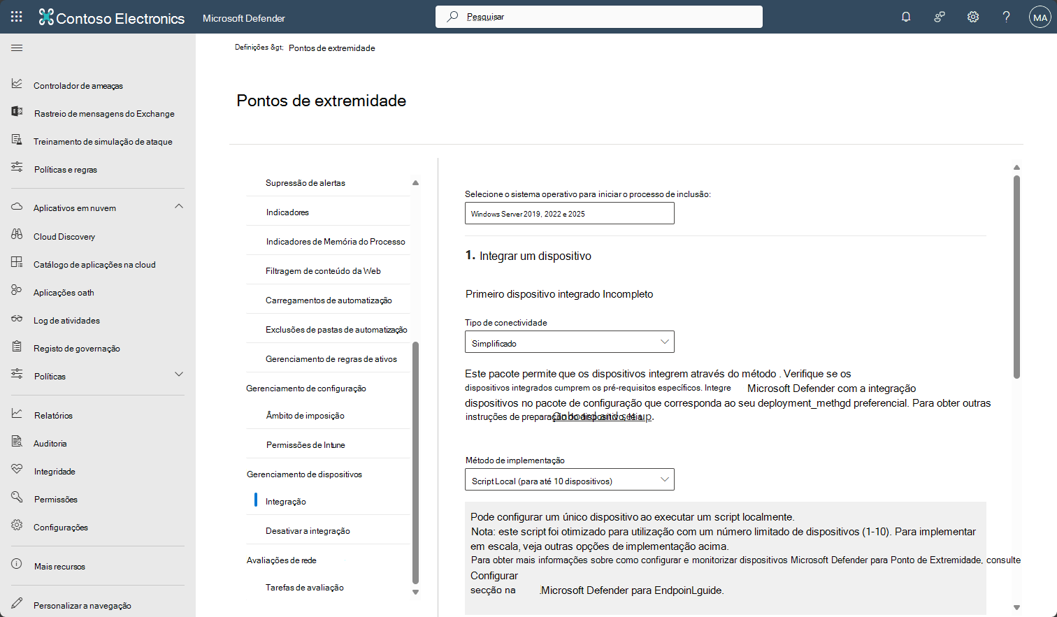 Captura de ecrã a mostrar o ecrã de inclusão do Windows Server 2019 e posterior no Defender para Endpoint.