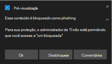 Mostra uma notificação de aviso de conteúdo de phishing de proteção de rede.