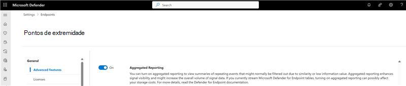 Captura de tela da alternância de relatórios agregados na página de configurações do portal do Microsoft Defender.