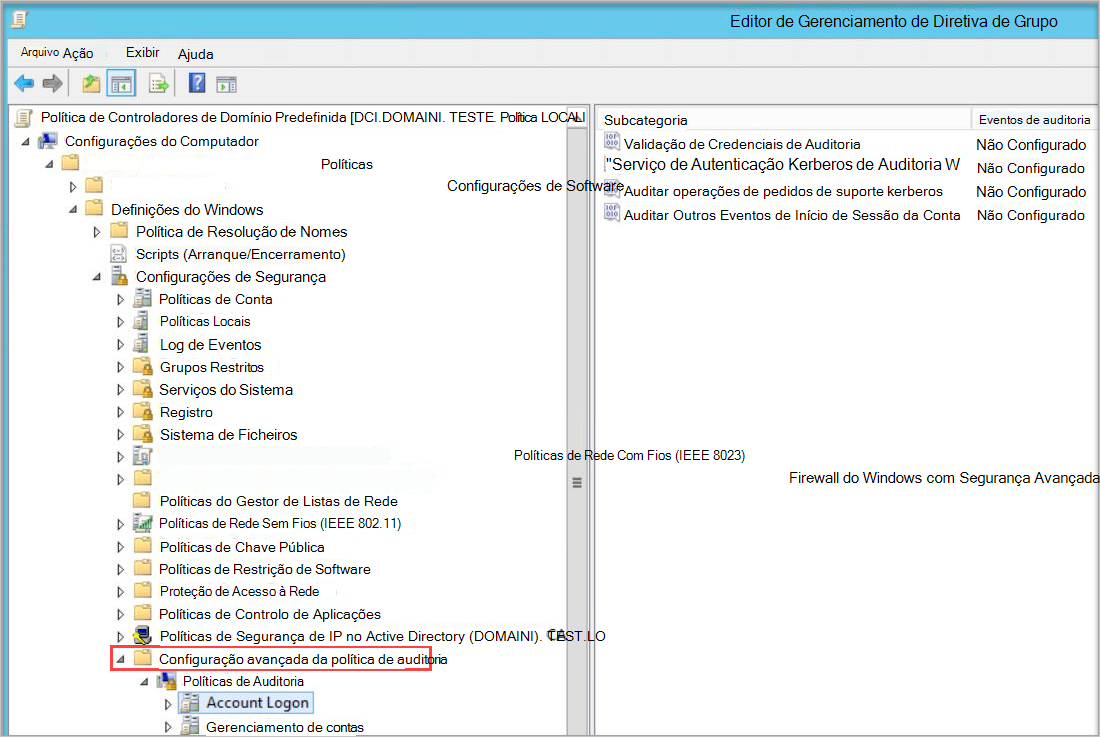 Captura de ecrã das seleções para abrir uma política de auditoria.