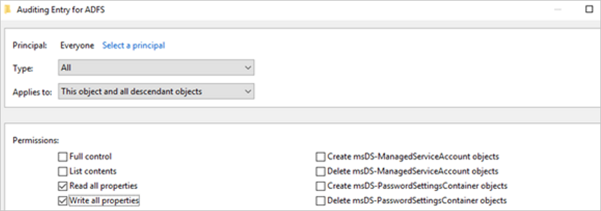 Captura de ecrã das definições de auditoria do Serviços de Federação do Active Directory (AD FS).