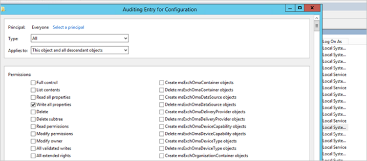 Captura de ecrã a mostrar as definições de auditoria do contentor de Configuração.
