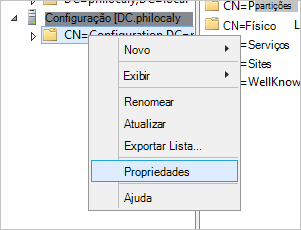 Captura de ecrã das seleções para abrir as propriedades do nó Configuração.