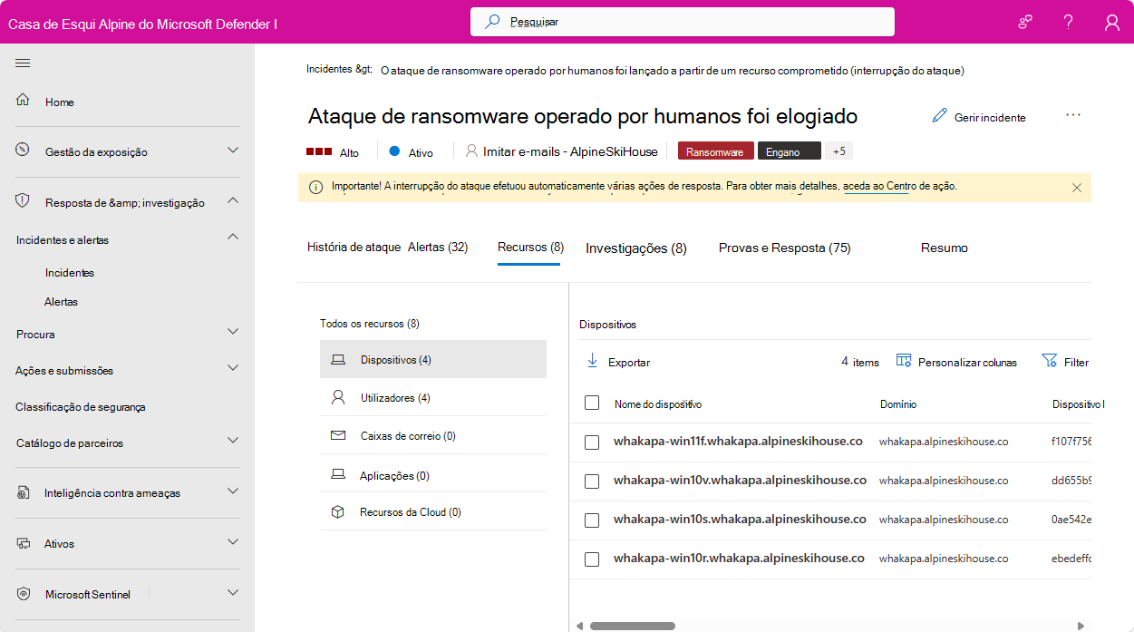 Captura de tela da página de Usuários para um incidente no portal do Microsoft Defender.
