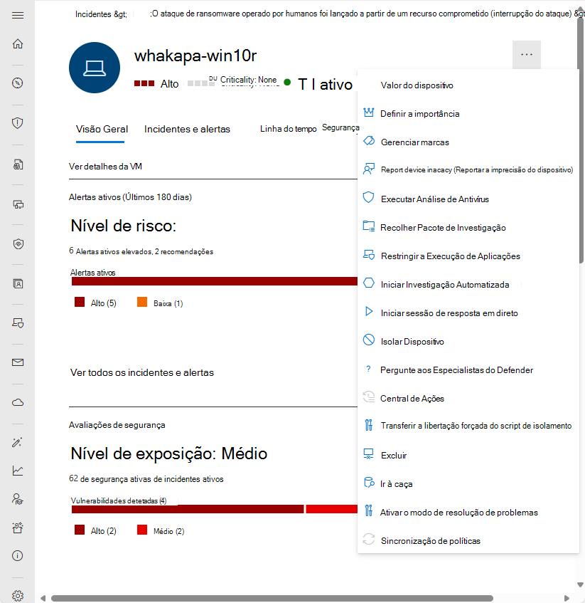 Captura de tela da barra de ações da página de entidade do dispositivo no portal do Microsoft Defender.