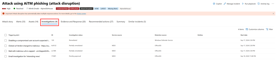 A página de Investigações de um incidente no portal do Microsoft Defender