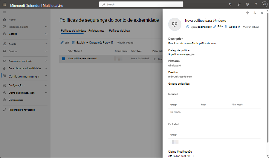 Captura de ecrã do painel de edição da página de políticas de segurança de ponto final na gestão multi-inquilino no Microsoft Defender XDR.