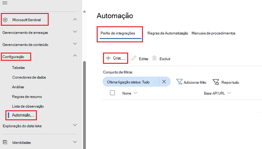 Captura de ecrã do separador Perfil de integrações na página Automatização com o botão Criar realçado.