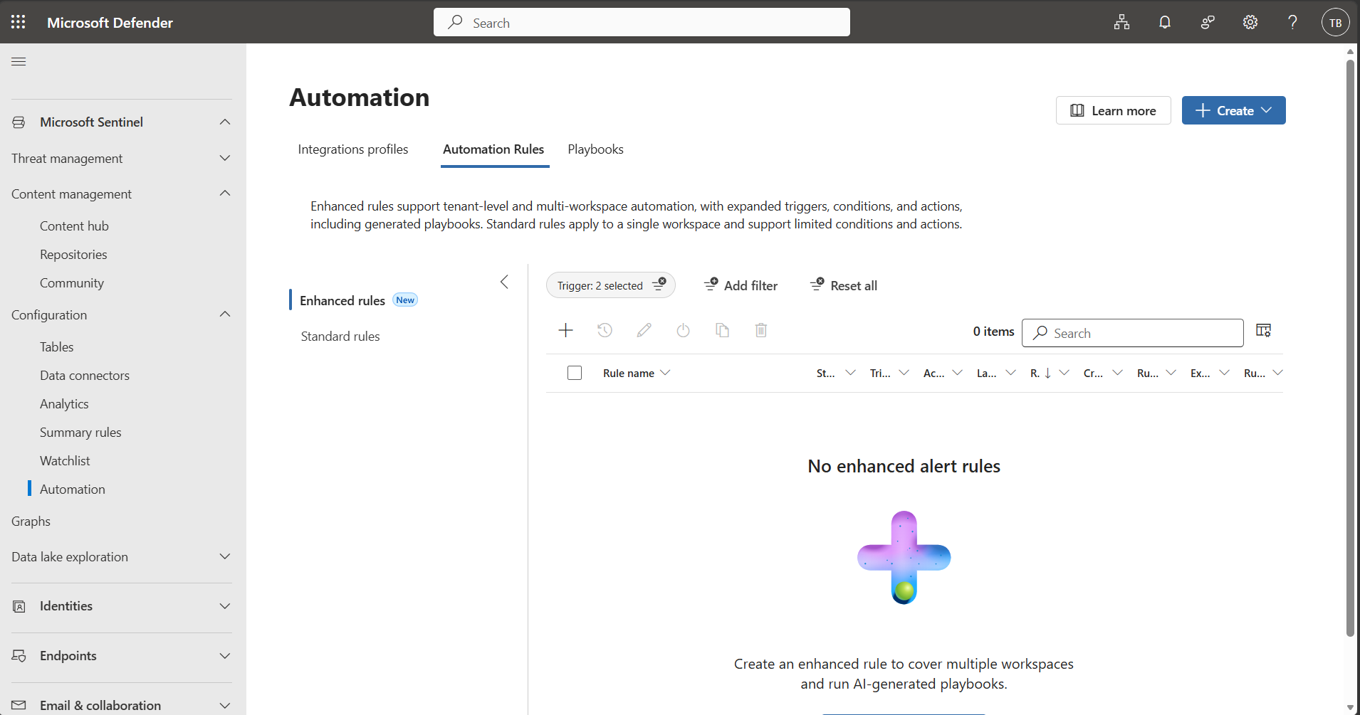 Captura de tela da guia Regras Aprimoradas na Automação.