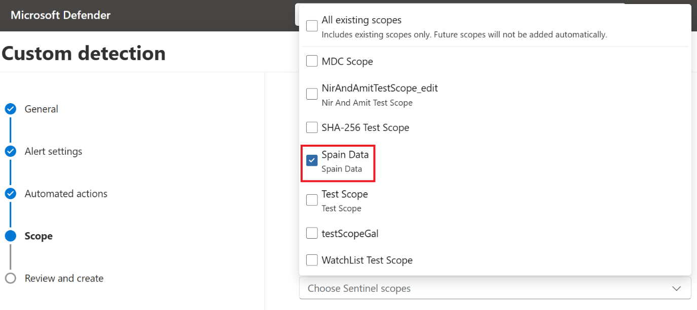 Captura de tela da seleção de escopos específicos para uma regra de detecção personalizada.