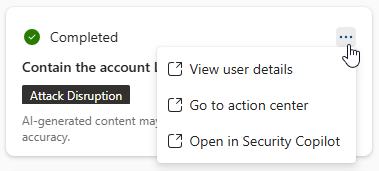 Captura de ecrã que mostra as opções disponíveis para os utilizadores numa resposta de automatização card no painel Copilot no Microsoft Defender XDR.