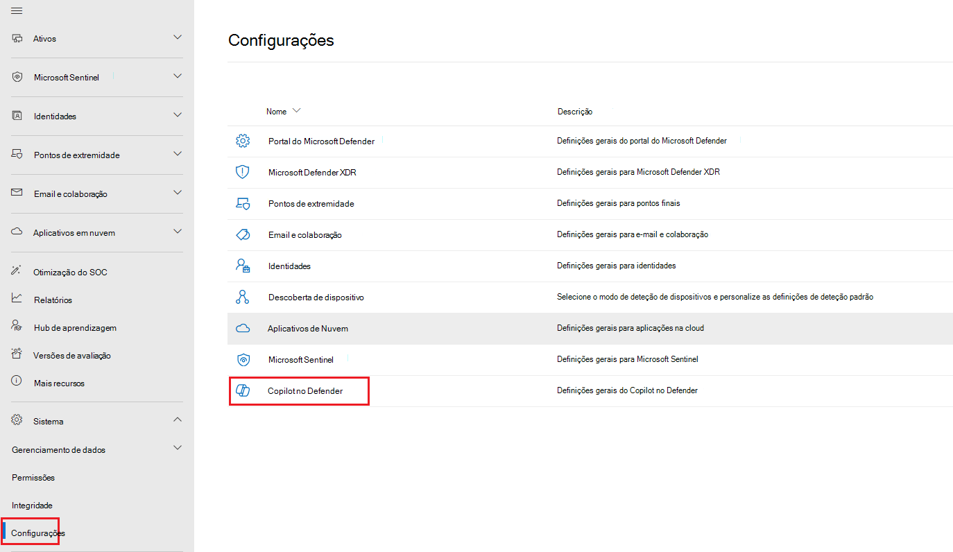 Captura de ecrã a mostrar a página de definições do Copilot no Microsoft Sentinel.