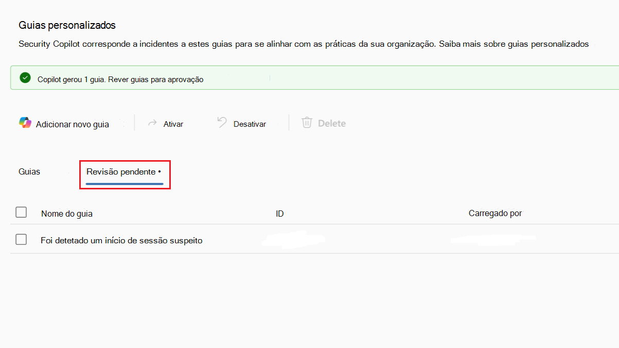 Captura de ecrã do separador de revisão pendente dos guias carregados.