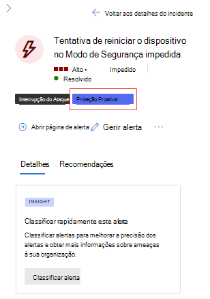 Captura de ecrã a mostrar os detalhes do alerta com a etiqueta Proteção Preditiva.